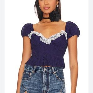 New For Love & Lemons Holland Blue Lace Up Top -Size Small
